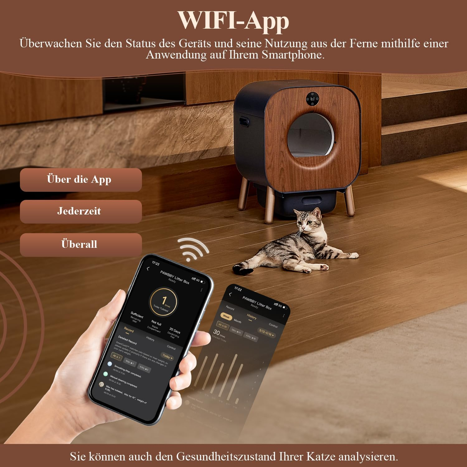Katzenbesitzer, die eine App auf ihrem Telefon verwenden, um die Gesundheit ihrer Katze zu überwachen. Holzboden-Hintergrund.