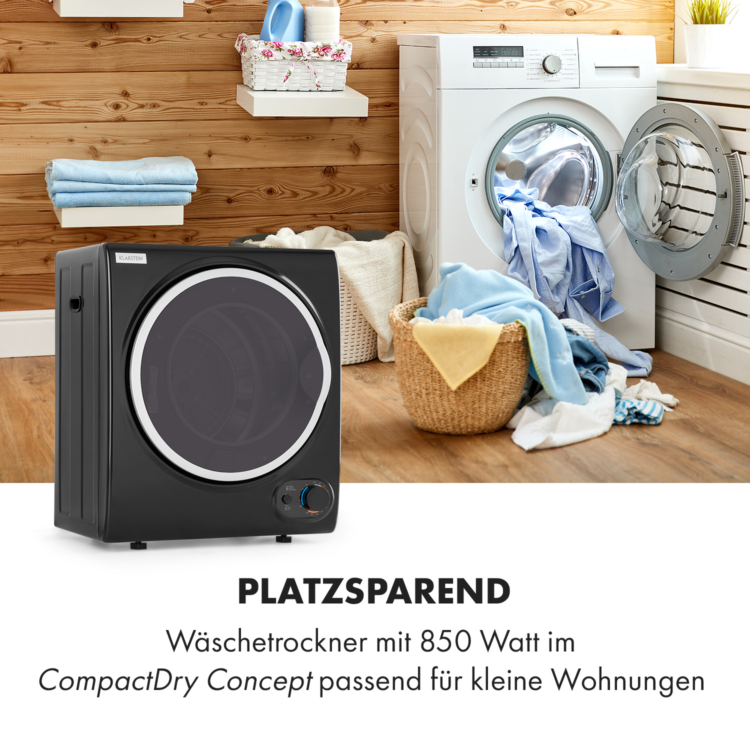 Schwarzer, kompakter Wäschetrockner mit runder Tür und Wäschekammer.