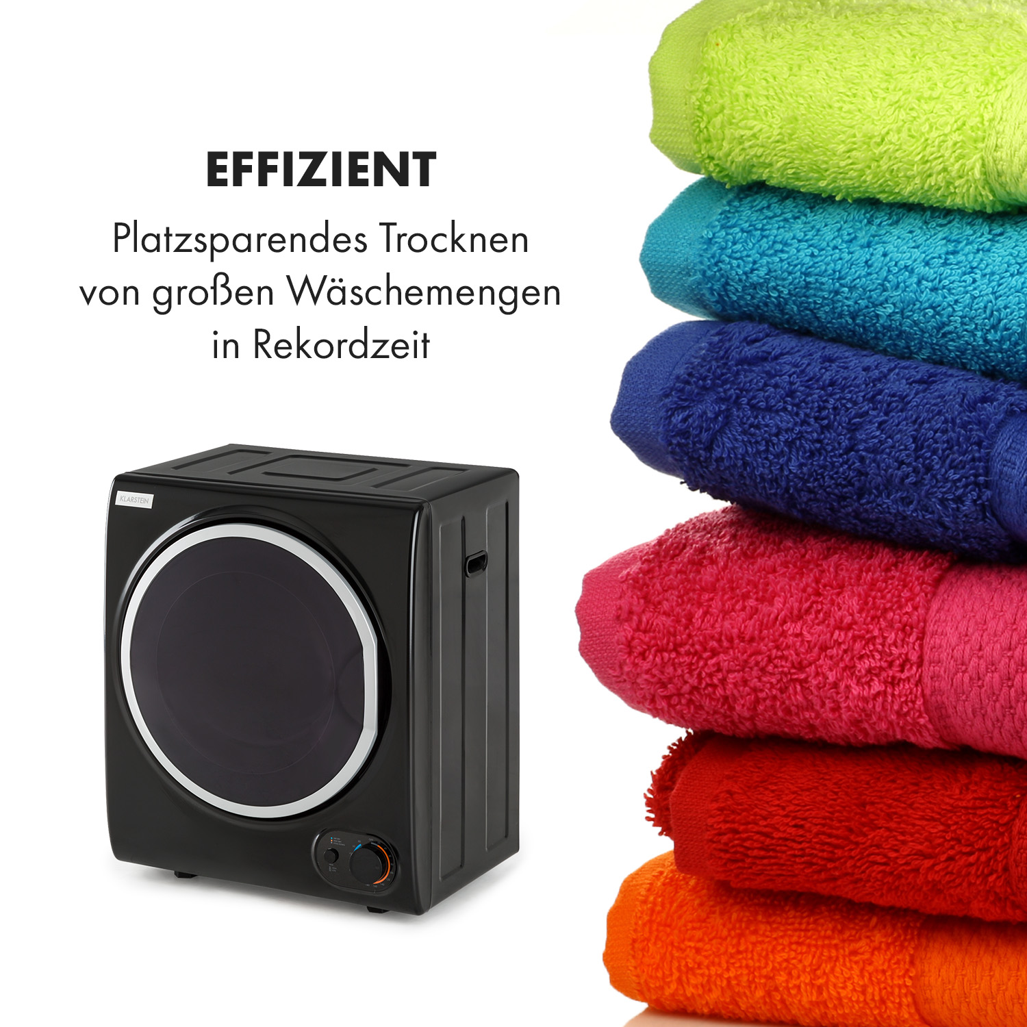 Schwarzer Box-Trockner mit weißem Kreis. Stapel bunter Handtücher. Text: Platzsparendes Trocknen in Rekordzeit.