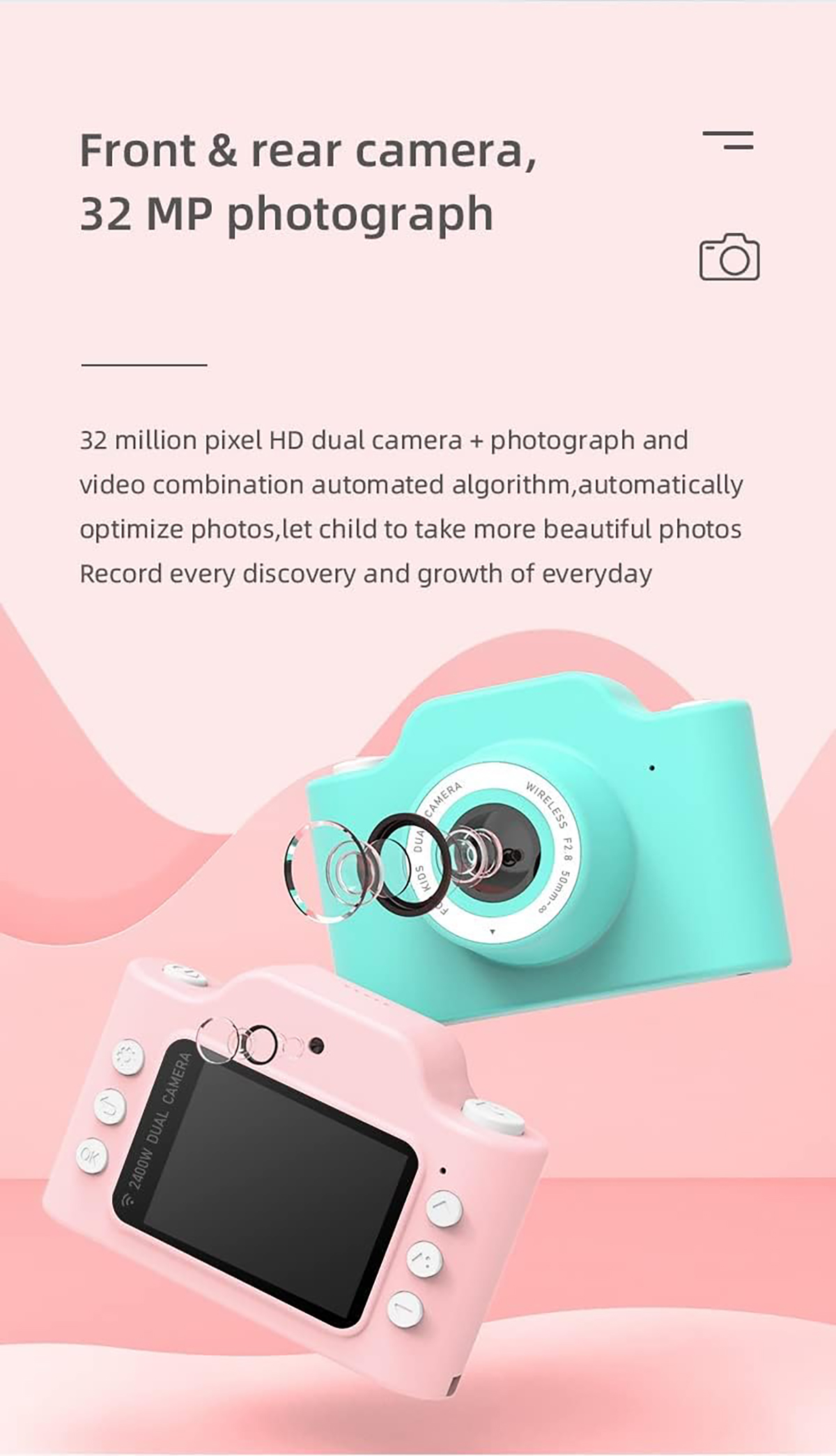 Zwei Spielzeugkameras; eine türkis, eine rosa. Text hebt Dual-Kamera-Funktionen und 32MP Fotoqualität hervor.