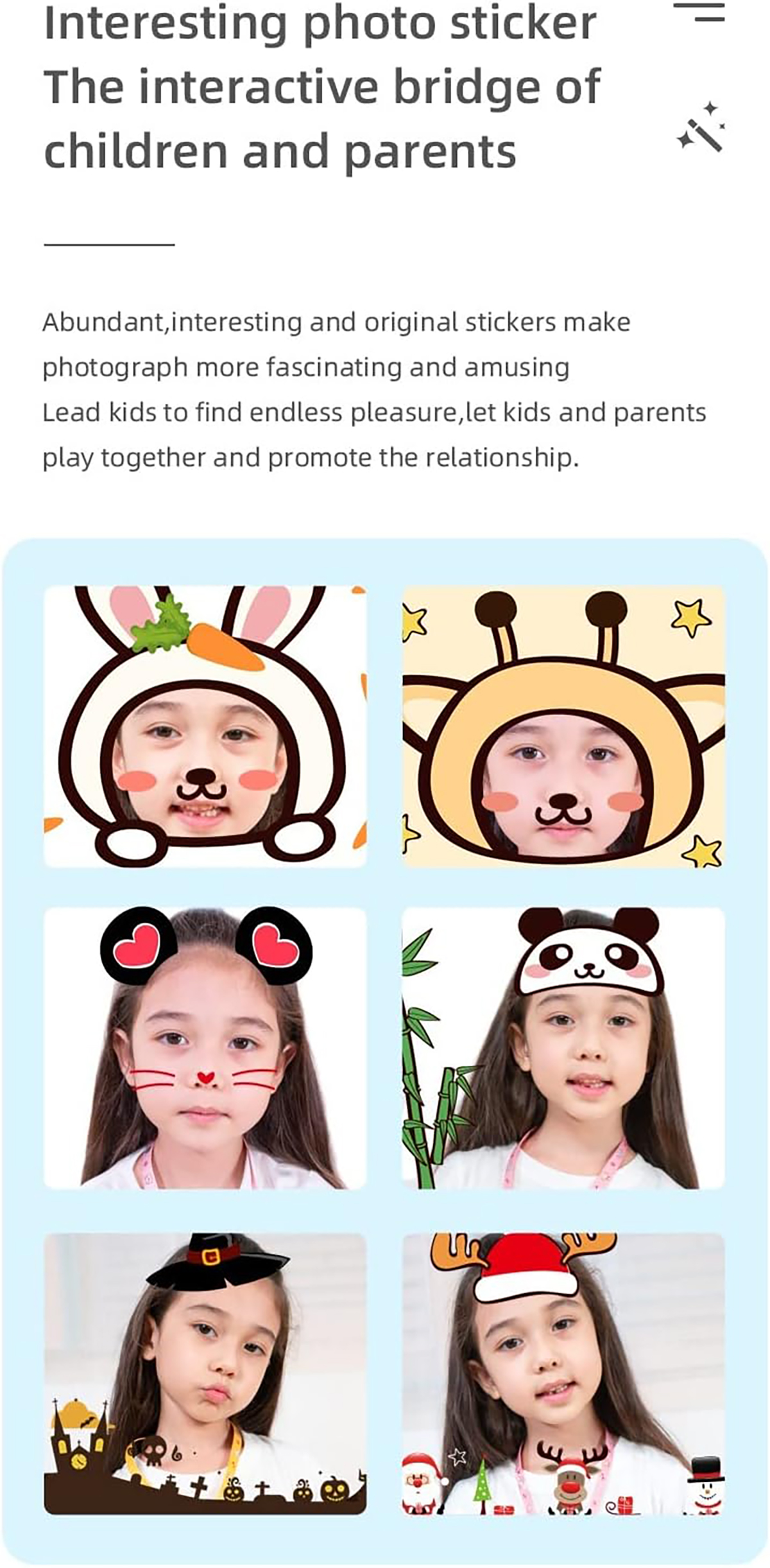 Kinder mit Gesichtsaufklebern in verschiedenen Designs. Text fördert die Interaktion zwischen Kindern und Eltern.