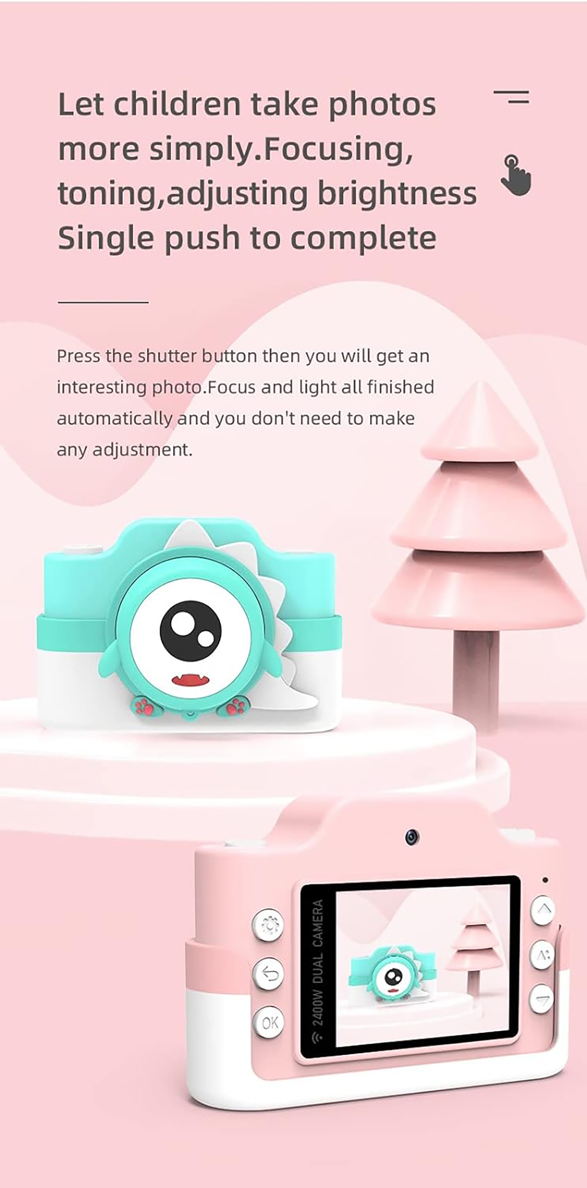 Rosa und blaue digitale Kinderkamera. Verfügt über ein Dinosaurier-Design und einen Bildschirm zum Anzeigen von Fotos.