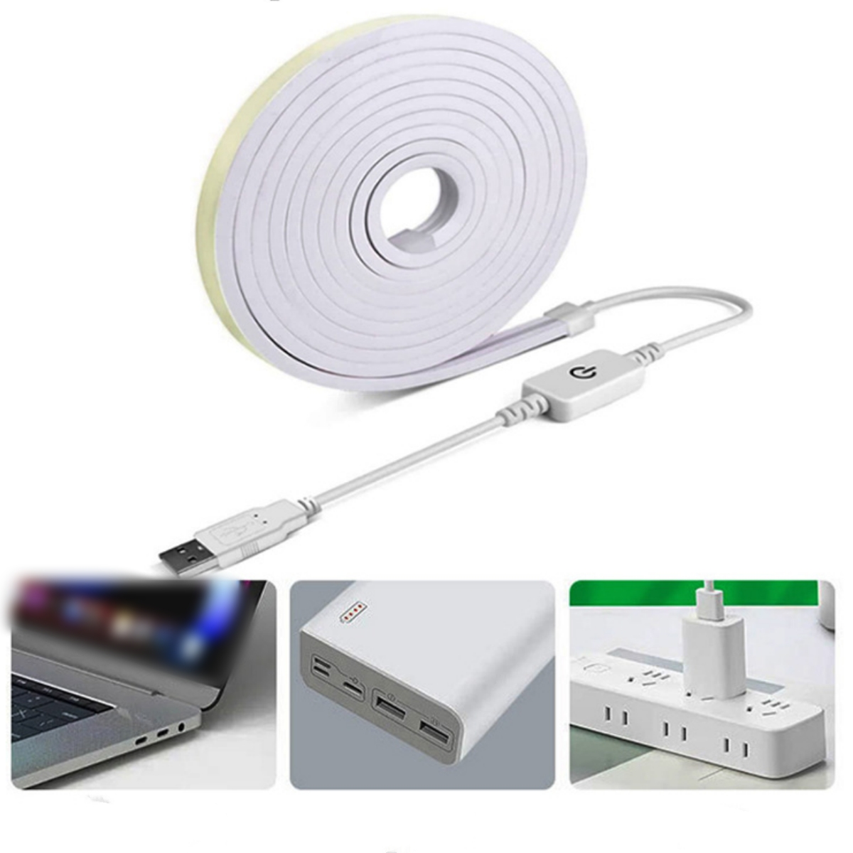 Weißes LED-Band, USB-Kabel mit Schalter und Stromzubehör. Mehrere Bilder von Elektronik.