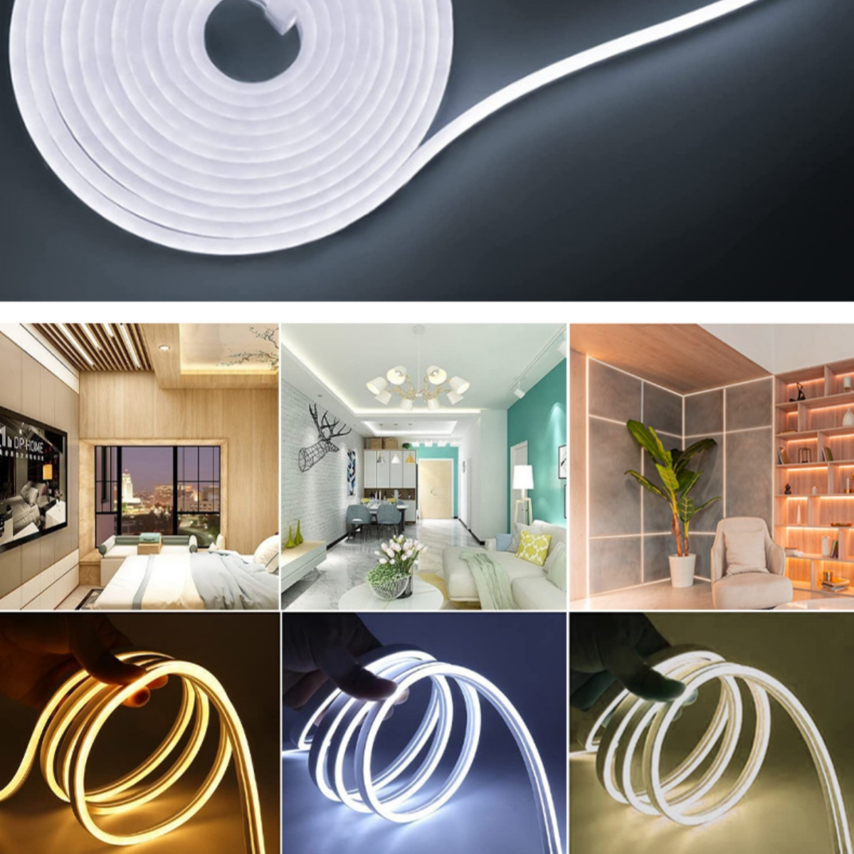 Rolle weißes LED-Lichtband, plus Bilder verschiedener Anwendungen in unterschiedlichen Umgebungen.
