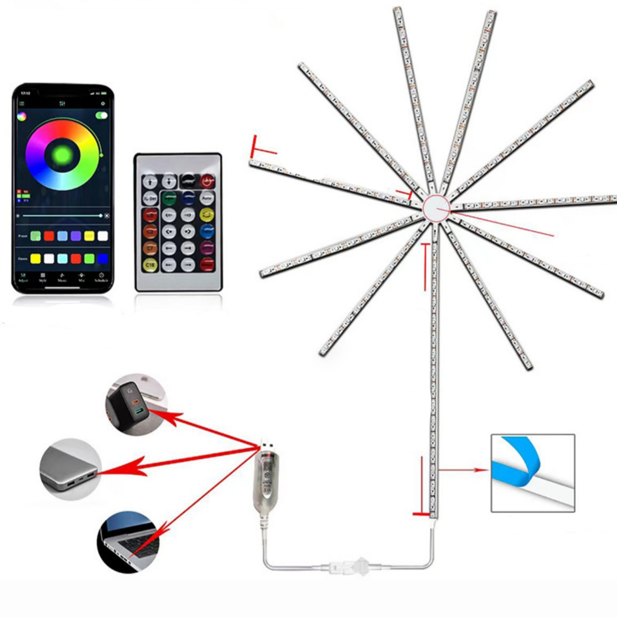 LED-Streifen bilden ein Sonnenmuster, gesteuert per Telefon und Fernbedienung.