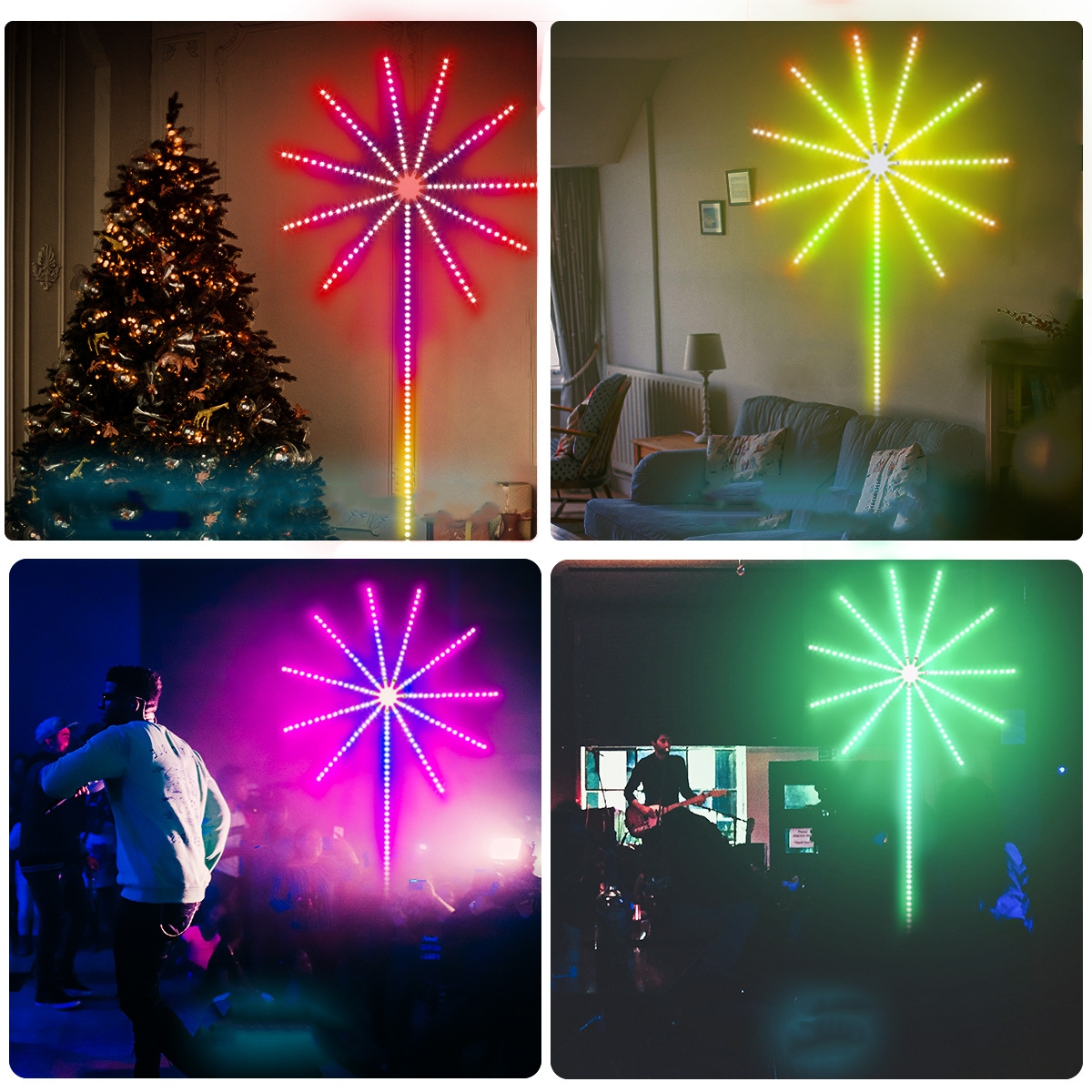 Vier Bilder von Lichtdisplays mit Sternen- oder Feuerwerksdesigns.