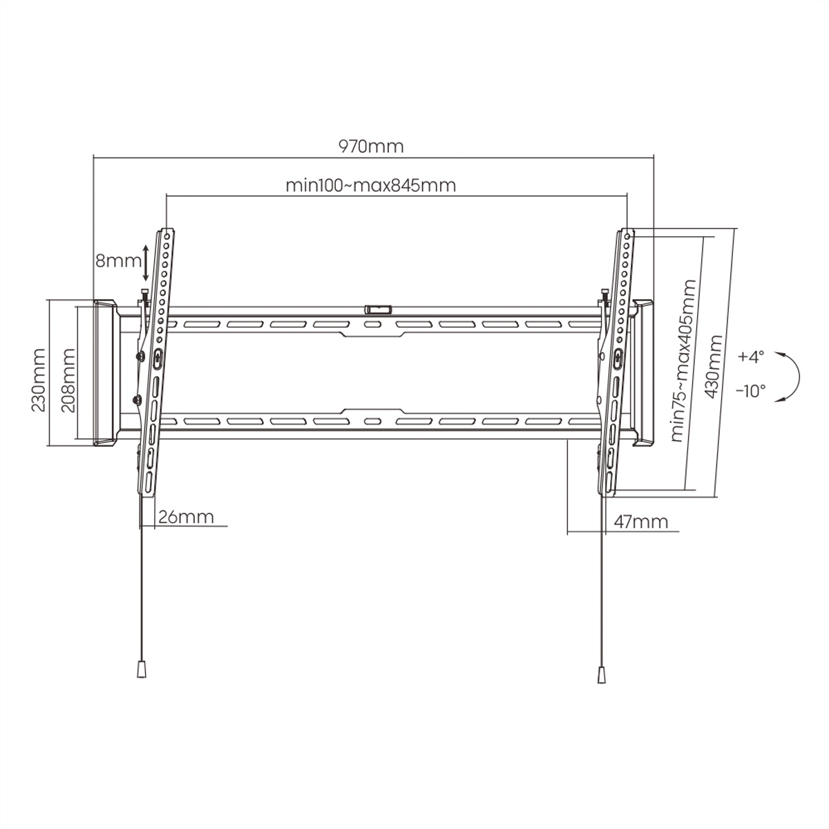 Diagramm einer schwarzen TV-Halterung, Maße und Winkel. Horizontale und vertikale Linien.
