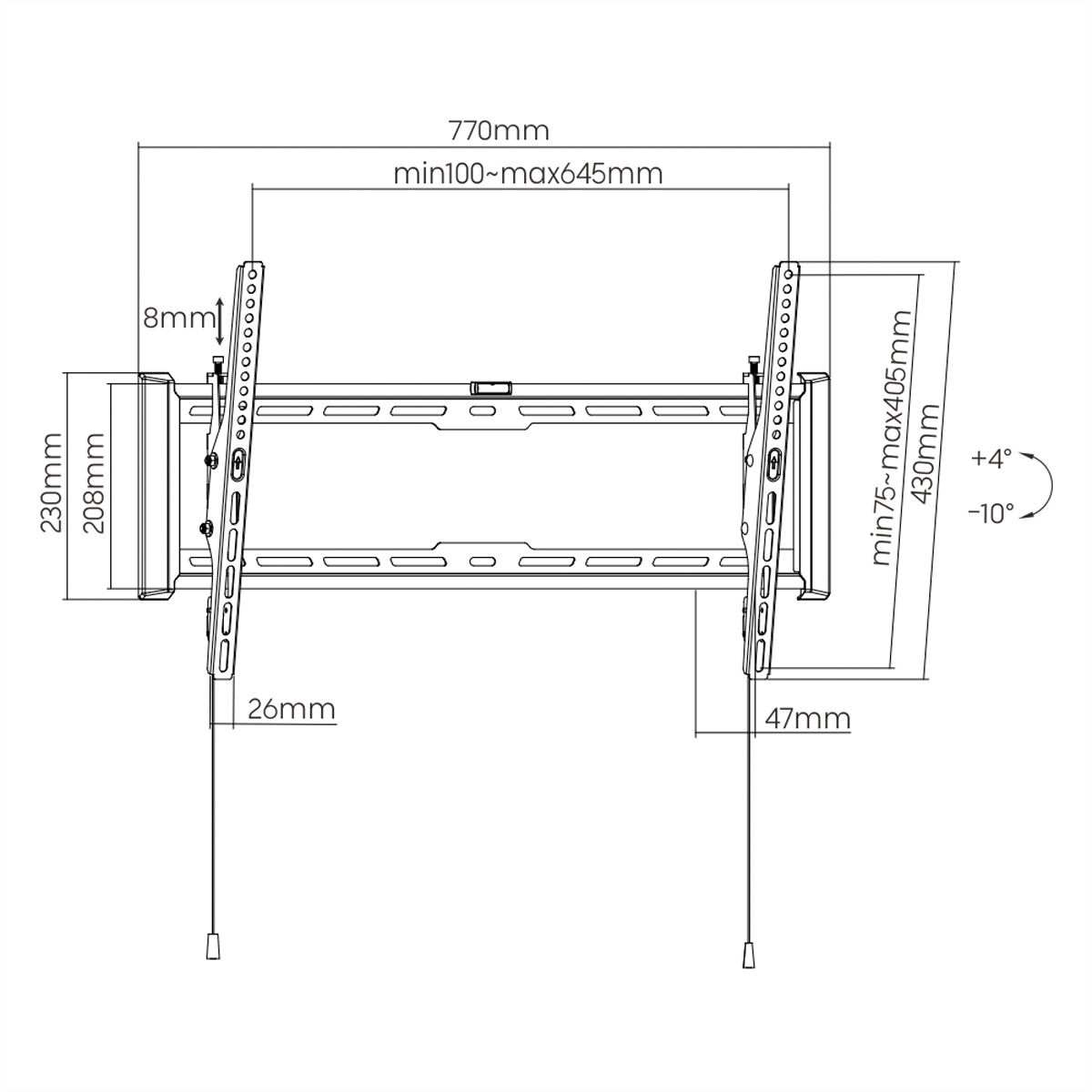 Diagramm der schwarzen TV-Halterung mit Maßen und Winkeln.