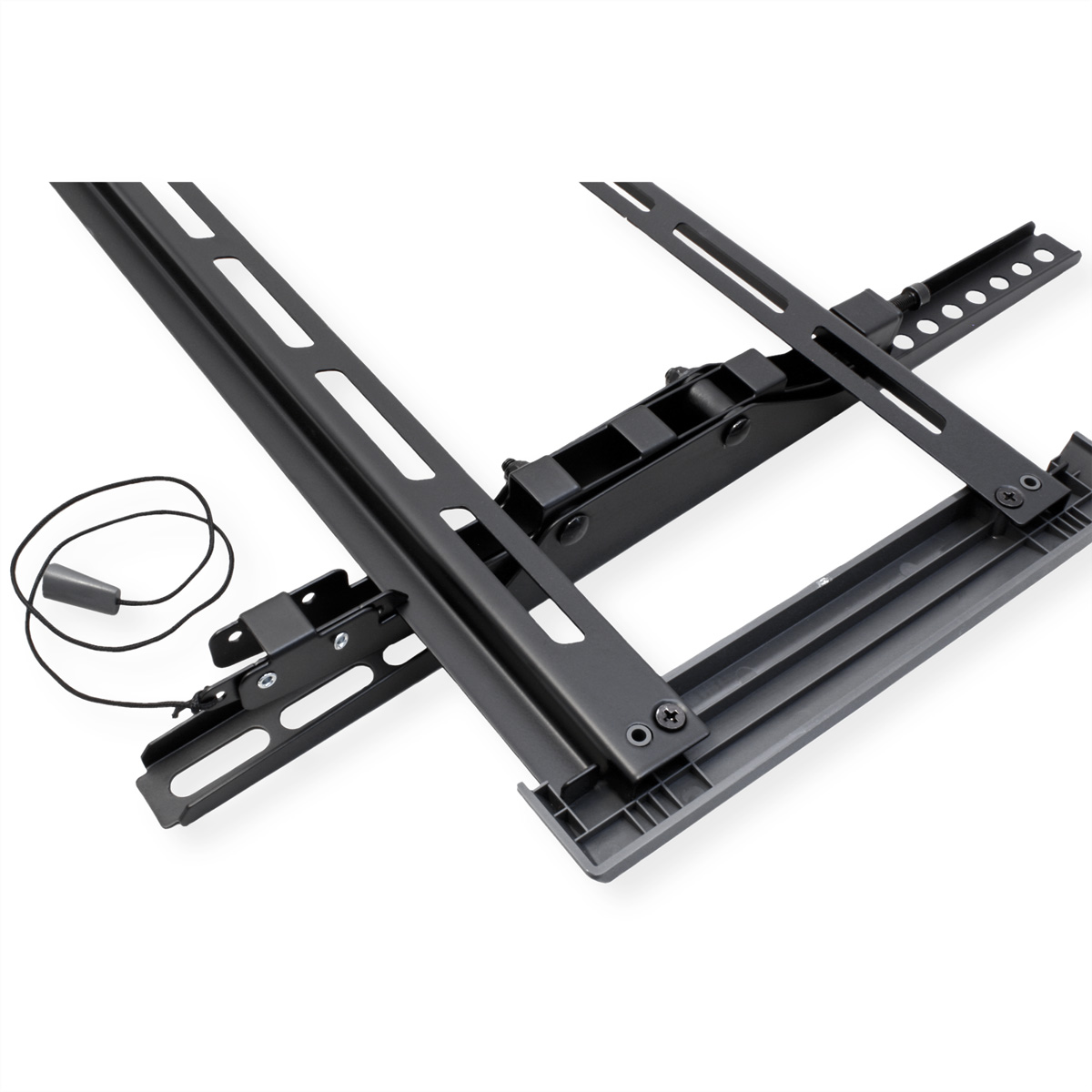 Schwarze TV-Halterungskomponenten aus Metall mit Kabel und Schrauben auf weißem Hintergrund.