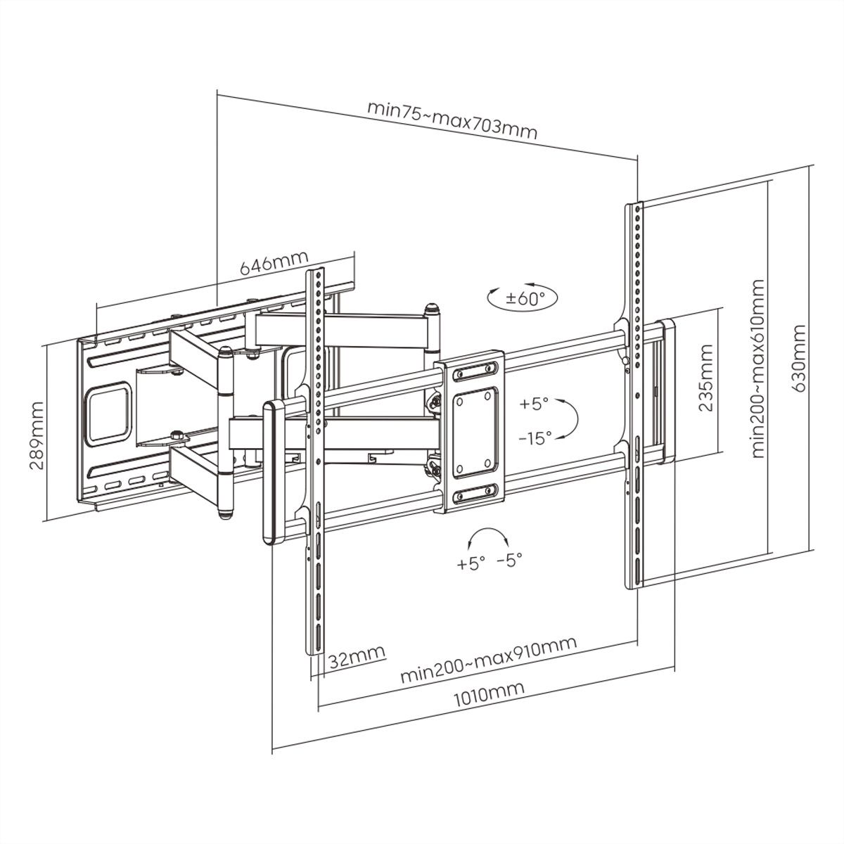 Diagramma di un supporto TV nero con dimensioni e angoli.