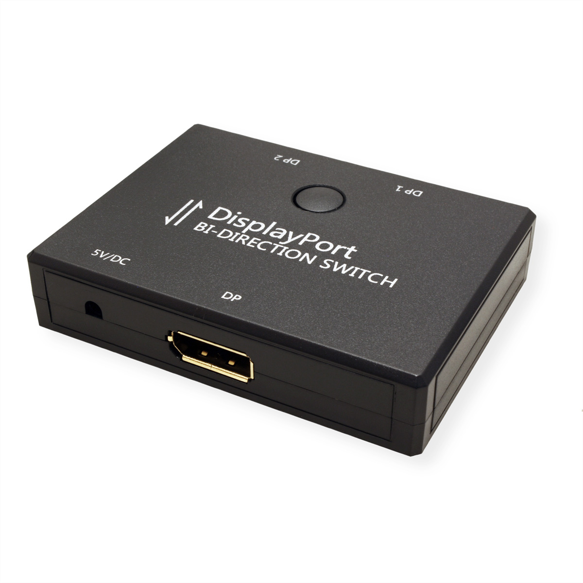 Un commutateur bidirectionnel DisplayPort noir. Il possède DP1, DP2 et une entrée 5V/CC.