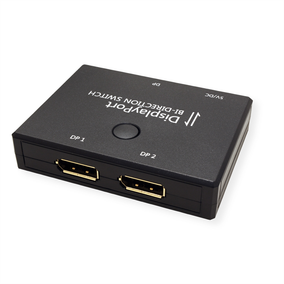 Zwarte DisplayPort Bi-Directionele Switch met DP en HDMI poorten gemarkeerd.