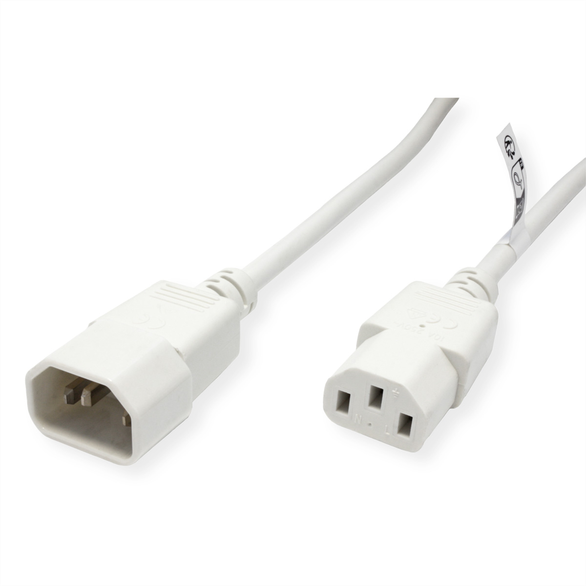 Biały kabel zasilający ze złączem IEC i wtyczką.