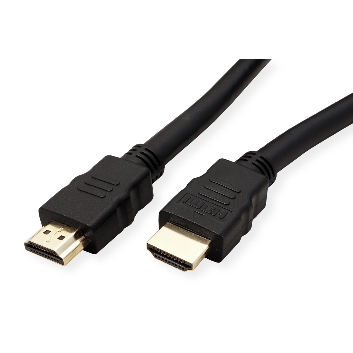 Zwei schwarze HDMI-Kabel mit goldenen Steckern auf weißem Hintergrund.