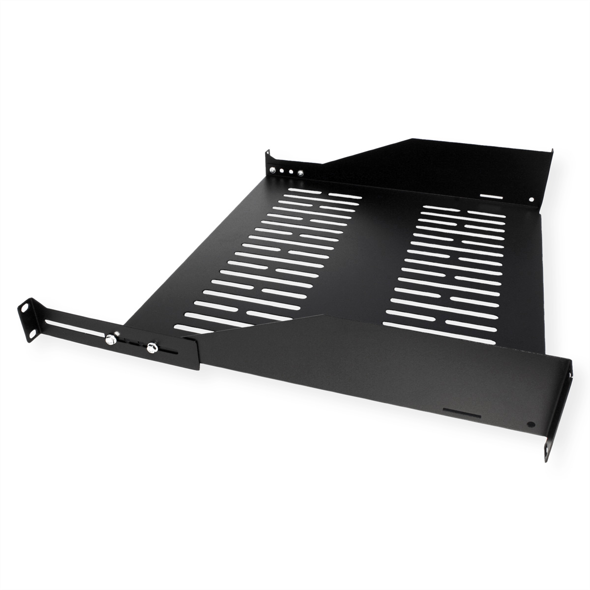 Un ripiano per rack server in metallo nero con fori di ventilazione, isolato su bianco.