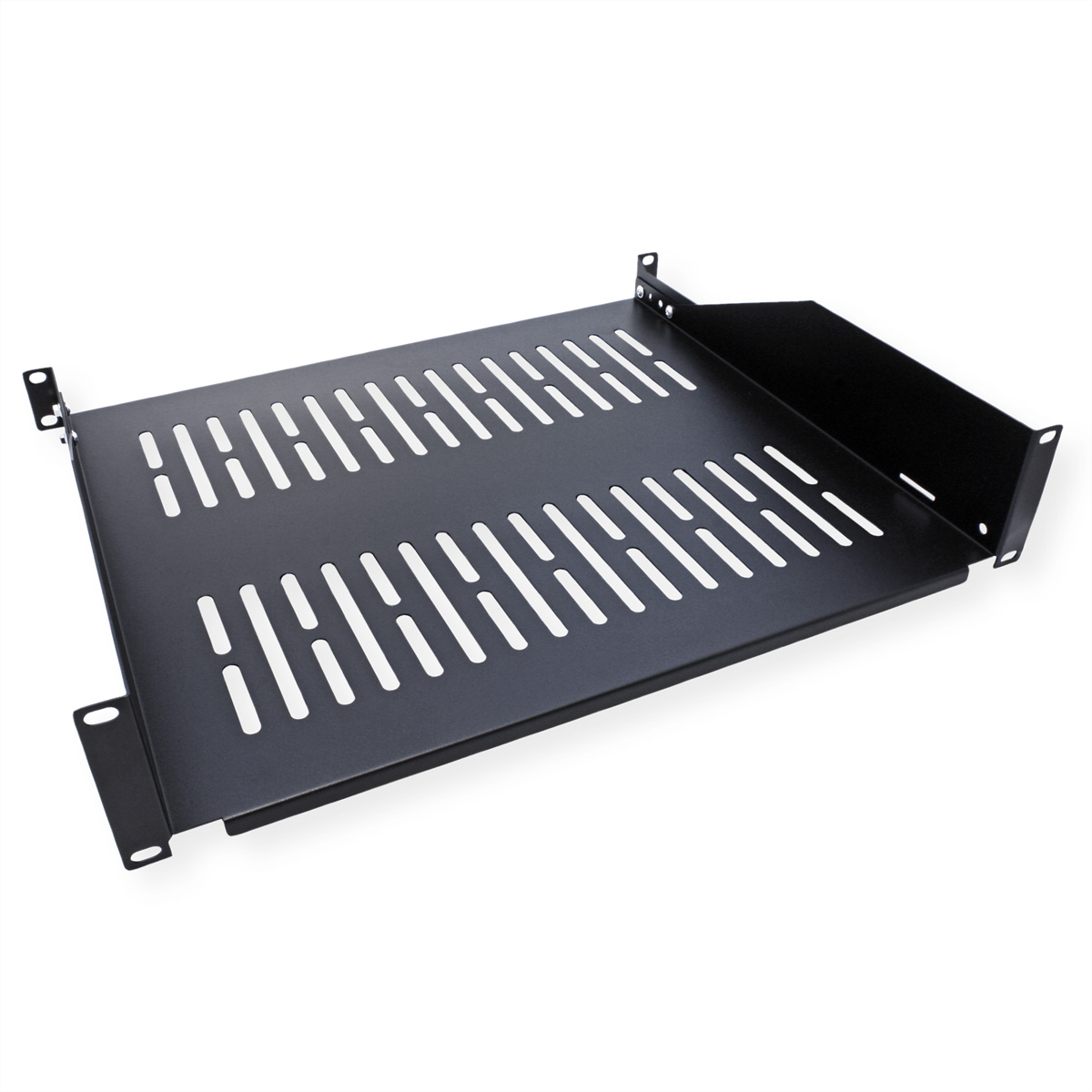 Un ripiano in metallo nero con molti ritagli rettangolari, progettato per il montaggio in rack.