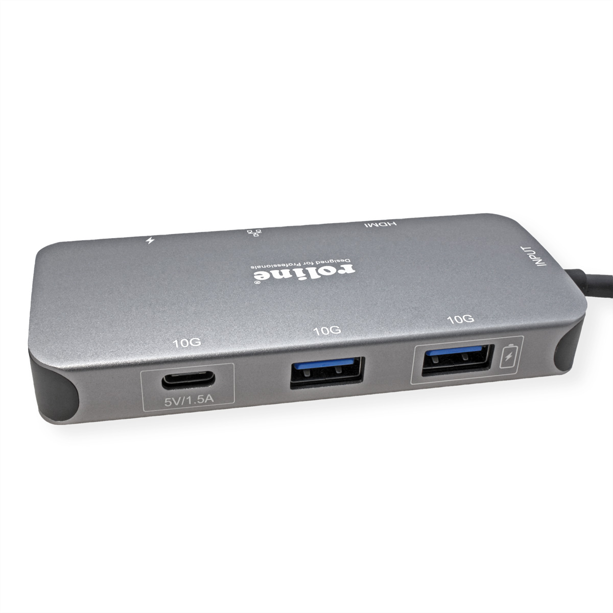 Hub USB multiporta grigio con più porte USB e HDMI.