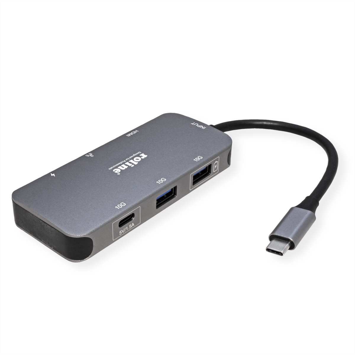 Un hub USB-C grigio Roline con più porte, tra cui HDMI e USB, con un cavo nero.