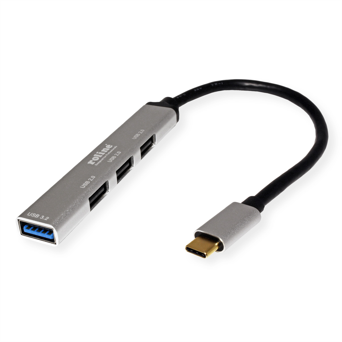 Ein silberner USB-Hub mit einem USB 3.2-Anschluss und USB 2.0-Anschlüssen, mit einem USB-C-Kabel.