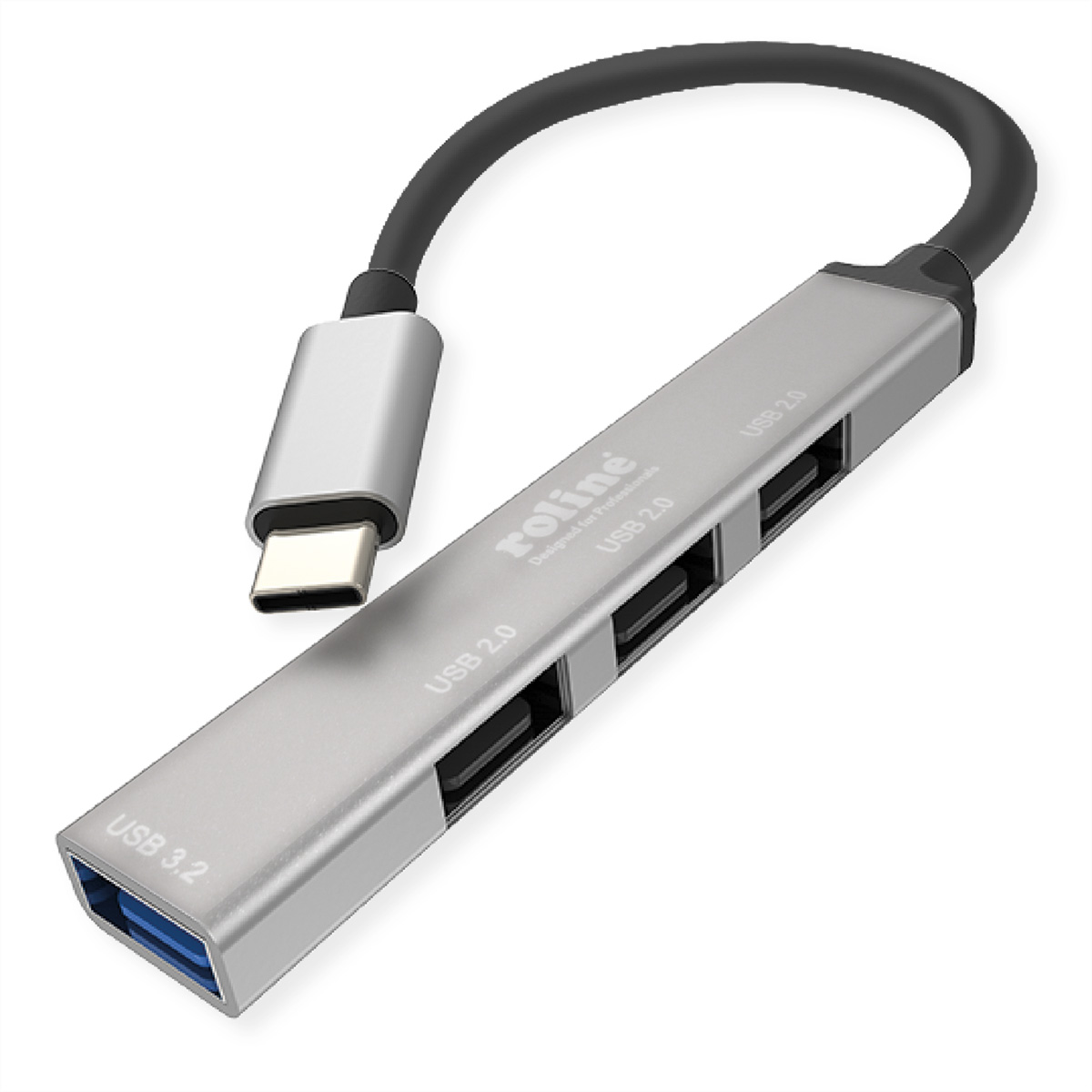 Ein silberner USB-Hub mit vier USB 2.0-Anschlüssen und einem USB 3.2-Anschluss.