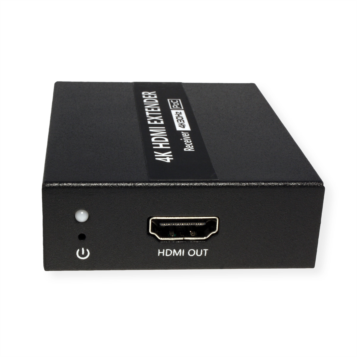 Czarny przedłużacz HDMI 4K z portami HDMI. Białe tło.