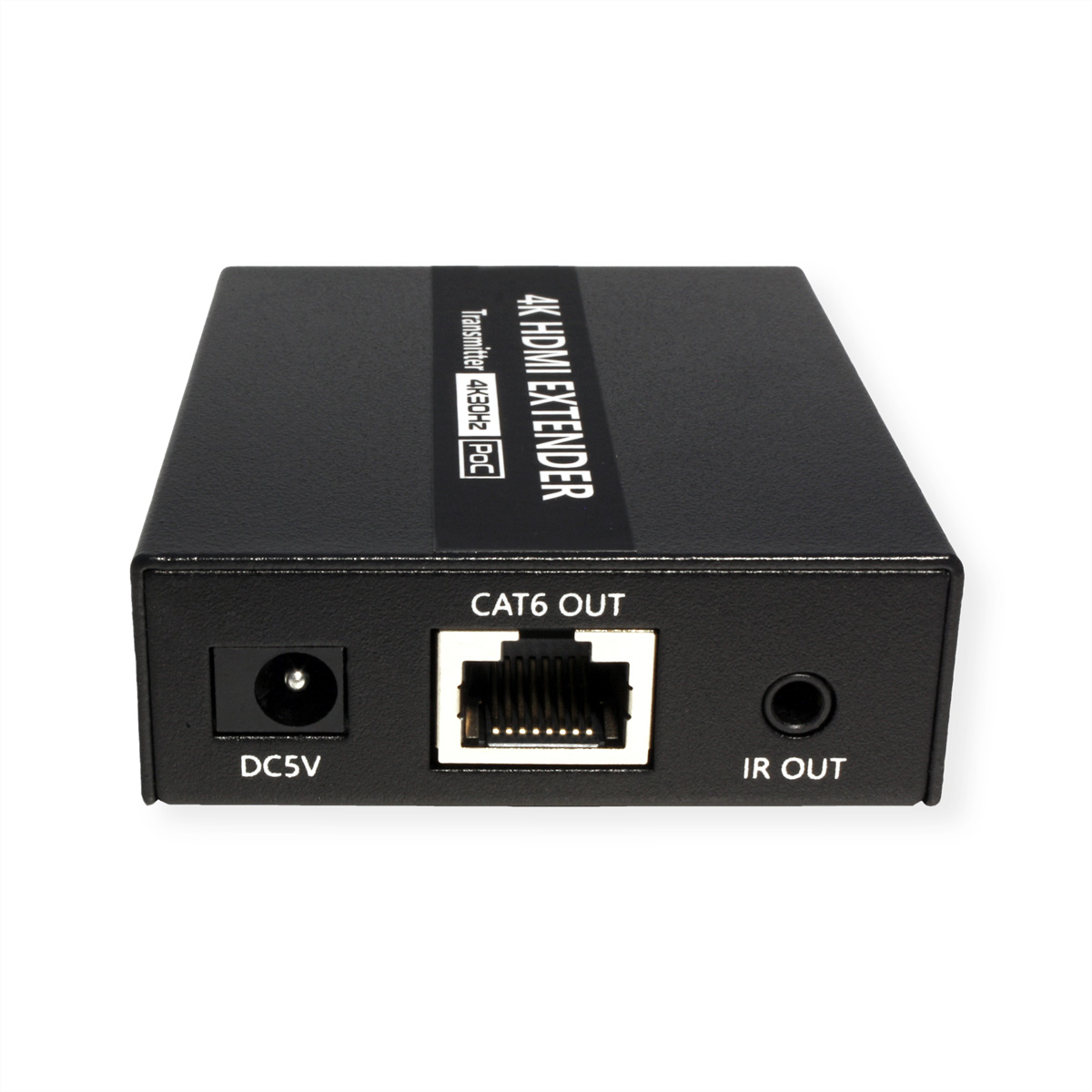Czarny przedłużacz HDMI 4K z portami: DC5V, CAT6 OUT, IR OUT. Białe tło.