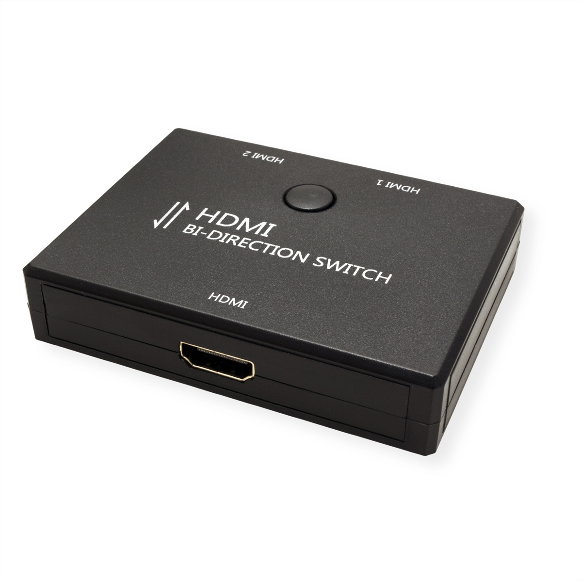 Een zwarte HDMI bi-directionele switch, met HDMI-poorten en een knop.