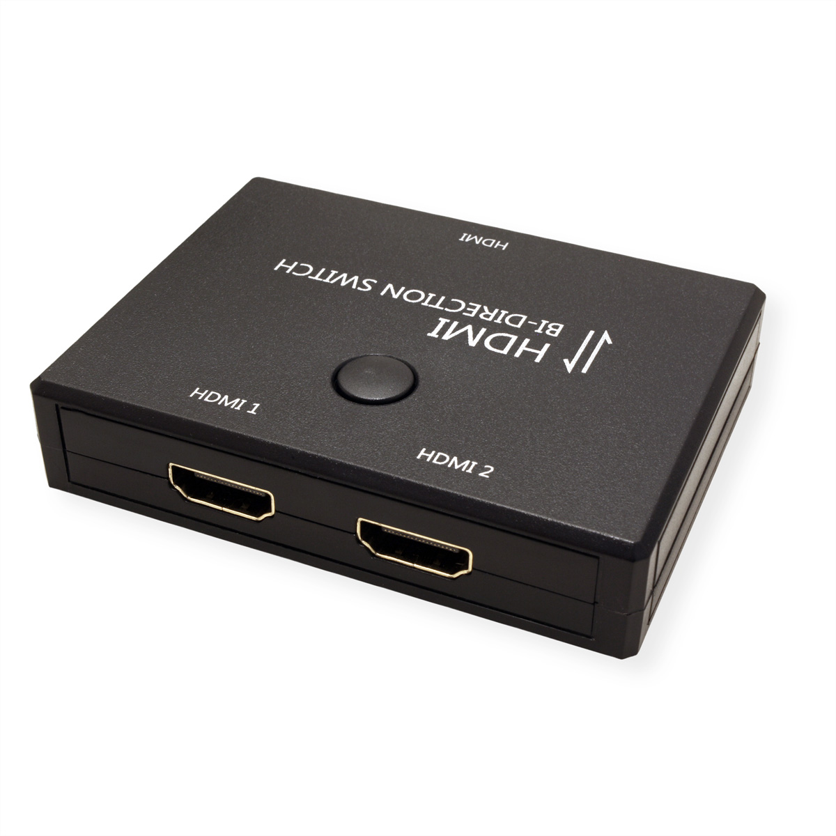 Zwarte HDMI bi-directionele schakelaar. Twee HDMI-poorten, één knop.