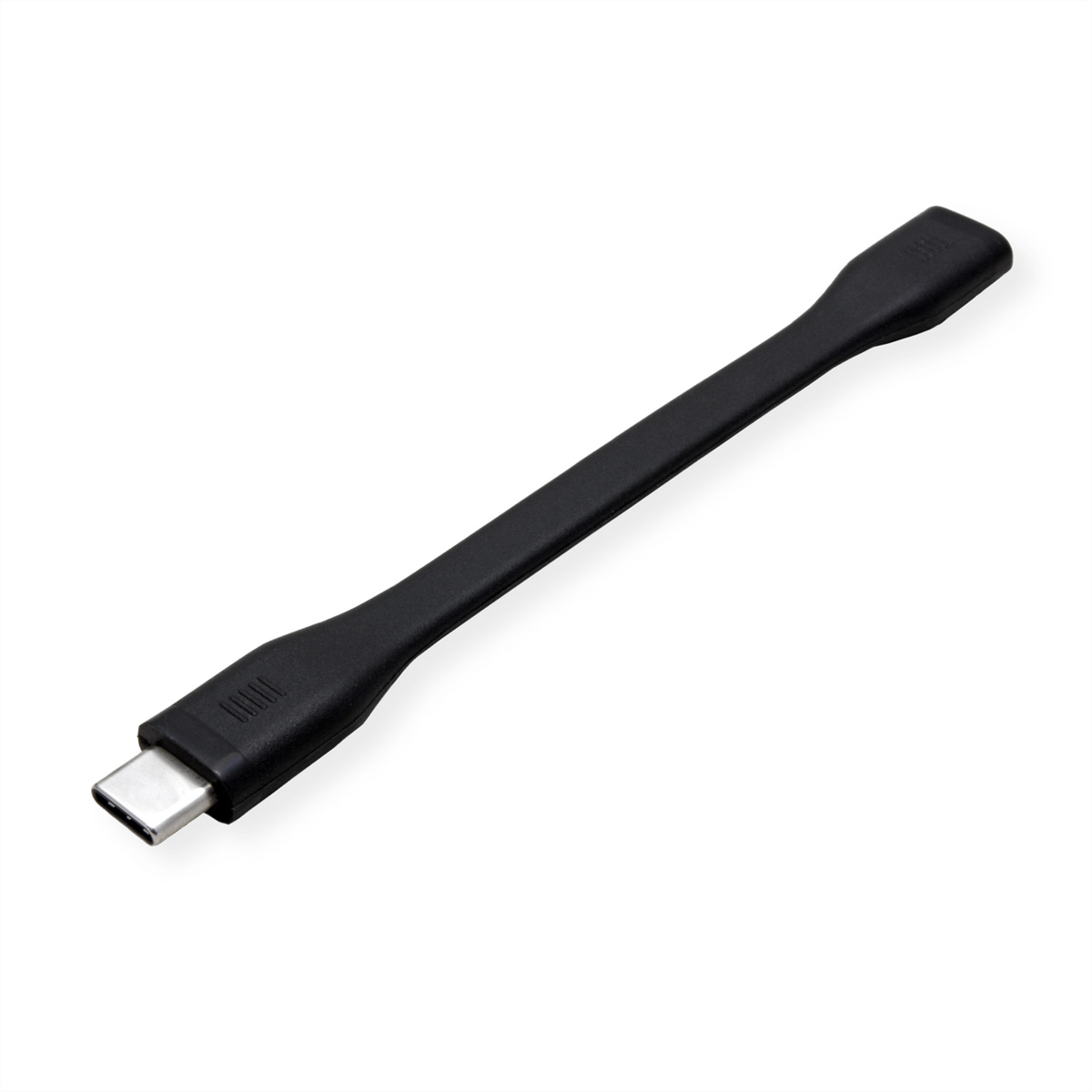 Een zwarte, lange USB-C-kabel op een witte achtergrond. Het heeft connectoren aan beide uiteinden.