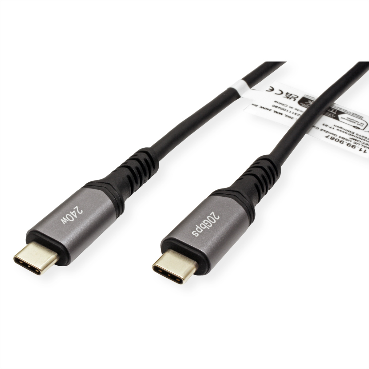 Un cavo USB-C nero e grigio con etichette che indicano 240W e 20Gbps. Il cavo ha connettori USB-C.