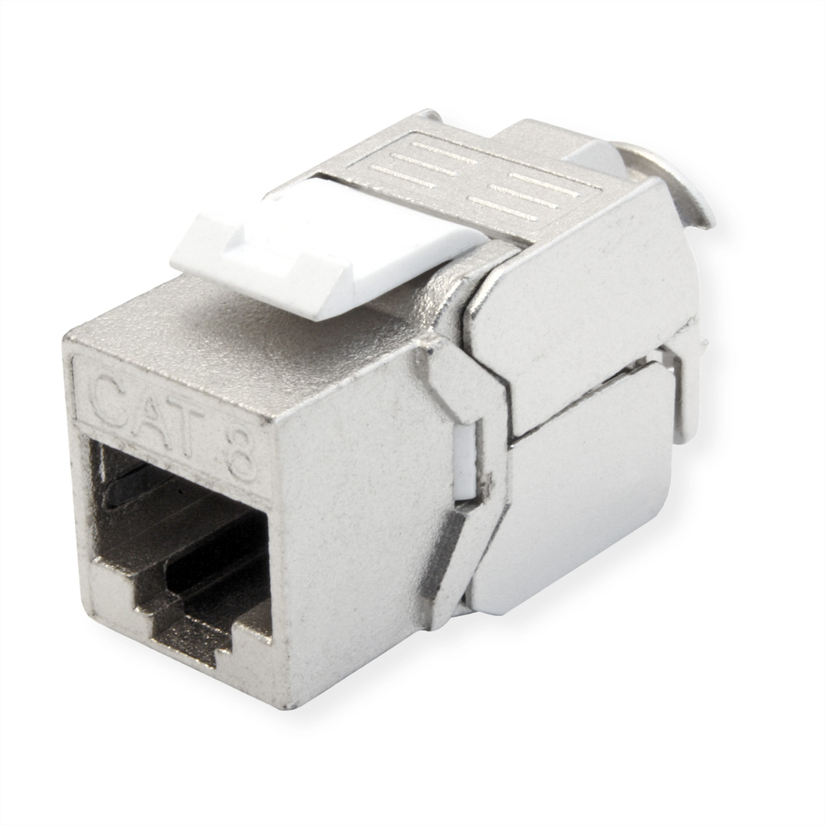 Een zilveren CAT 8-connector op een witte achtergrond, met een witte plastic vergrendeling.