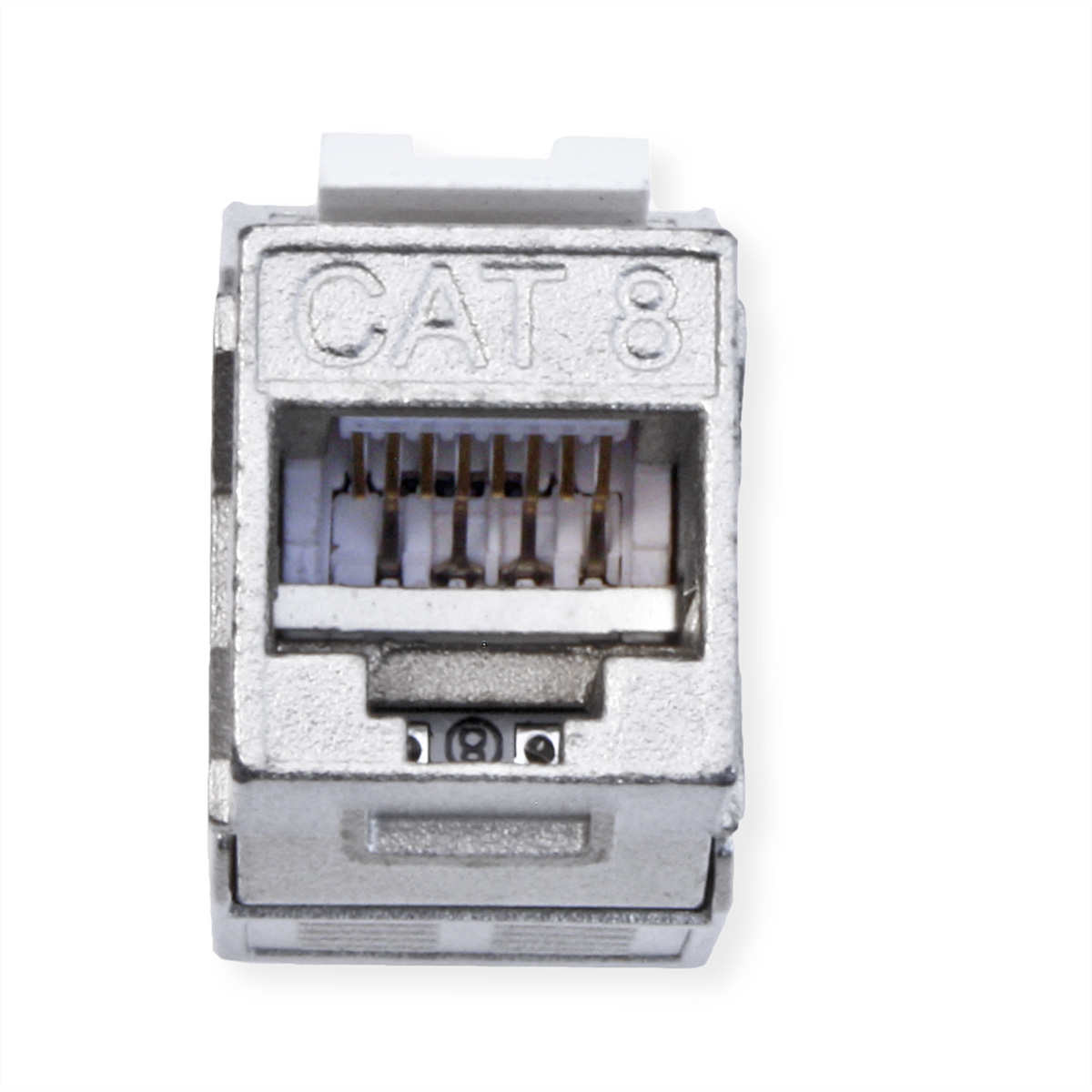 Zilveren CAT 8 connector voor netwerkkabel. De voorkant toont de aansluitingen.