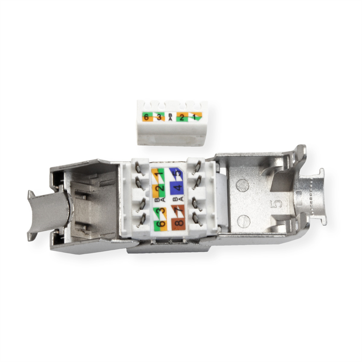 RJ45-connector en een los onderdeel. Witte achtergrond.