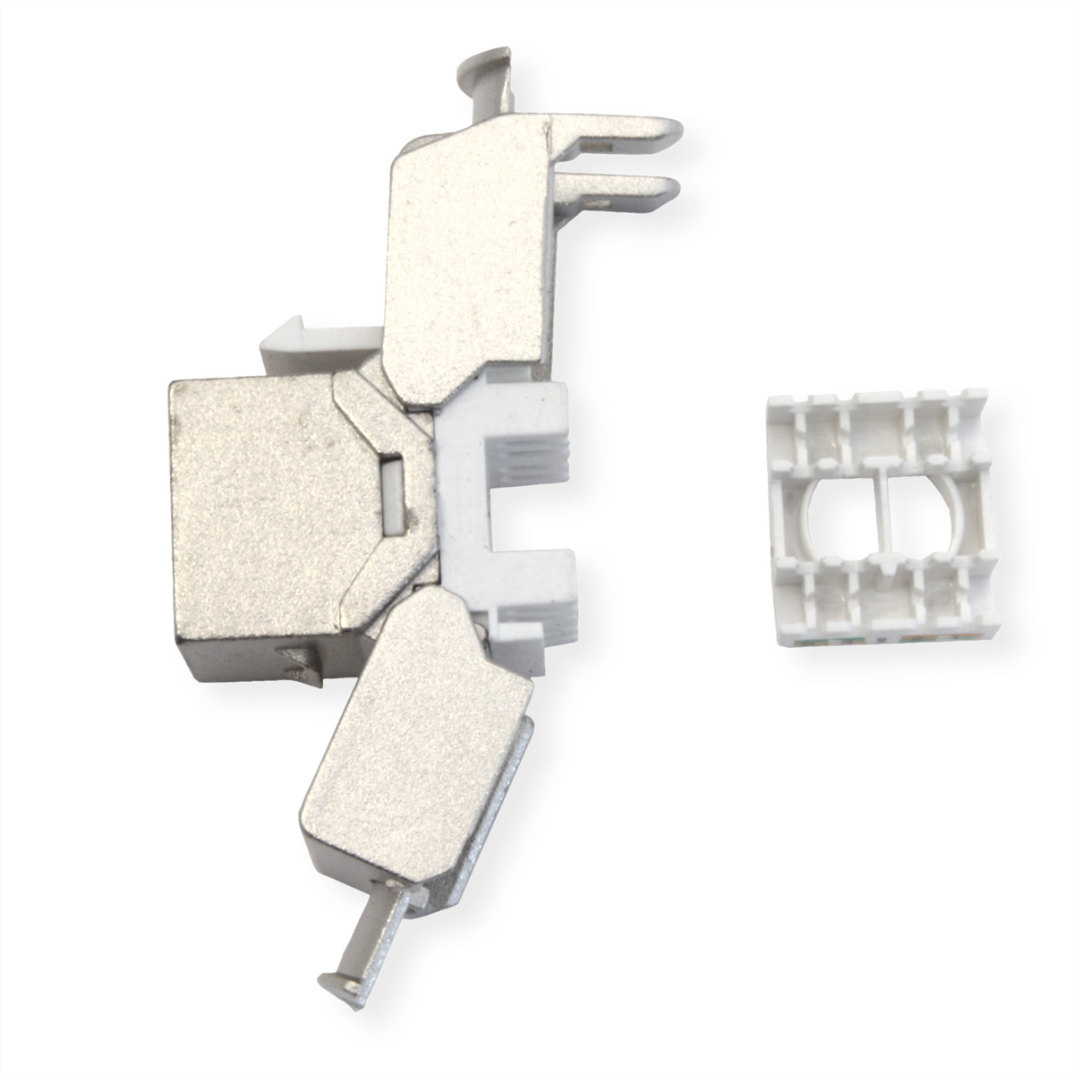 Metalen en witte kunststof montagehardware. Twee stukken met verbindingsonderdelen en een apart stuk.