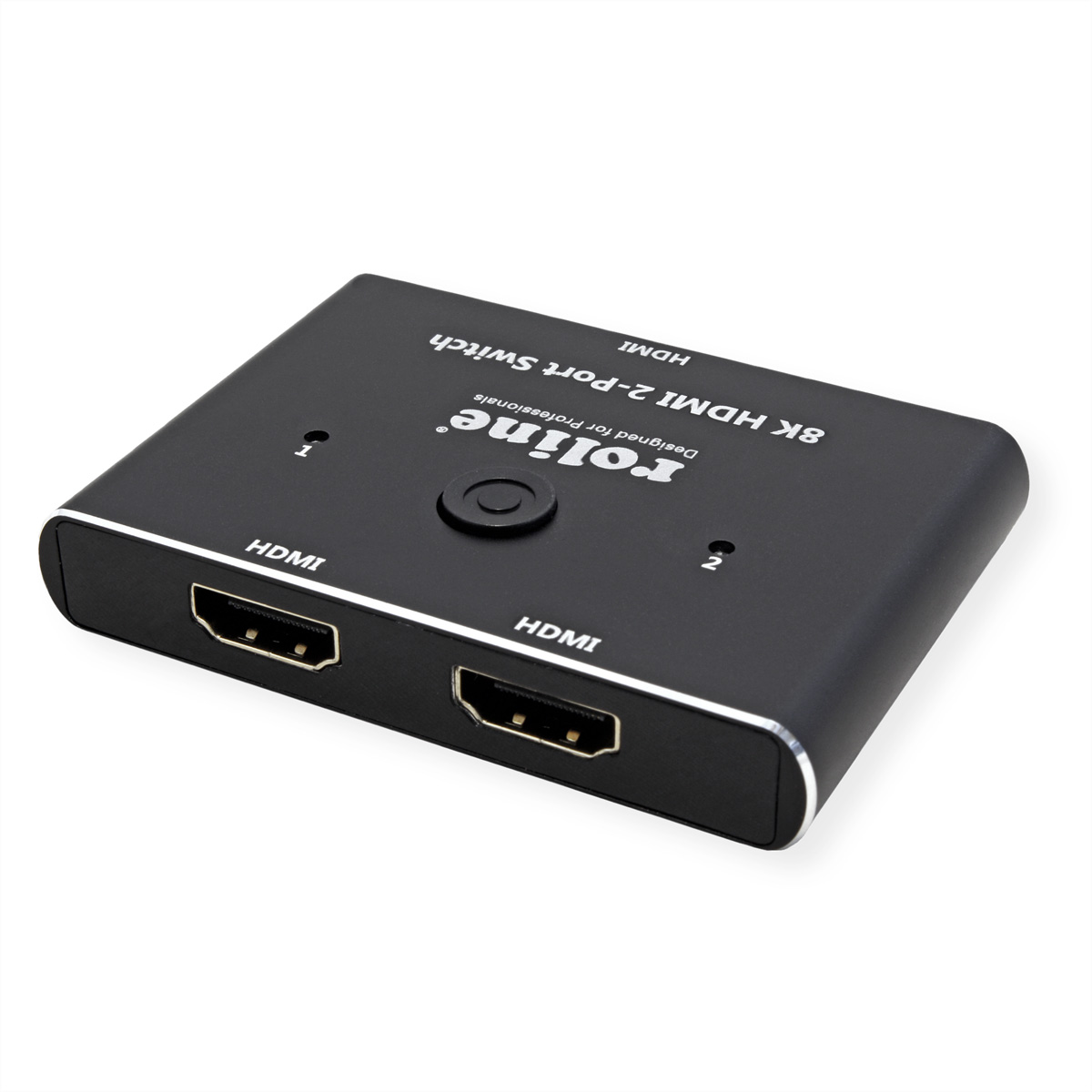 Een zwarte 8K HDMI 2-poorts switch. Hij heeft twee HDMI-poorten met de labels 1 en 2 en een knop in het midden.