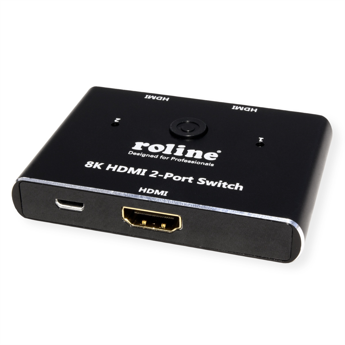Een zwarte 8K HDMI 2-poorts switch met in/uitgangspoorten en een USB-poort.