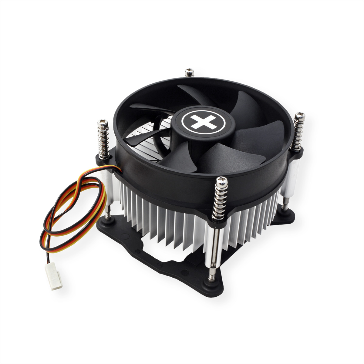 Zwarte CPU-koeler met ventilator en heatsink, op een witte achtergrond.