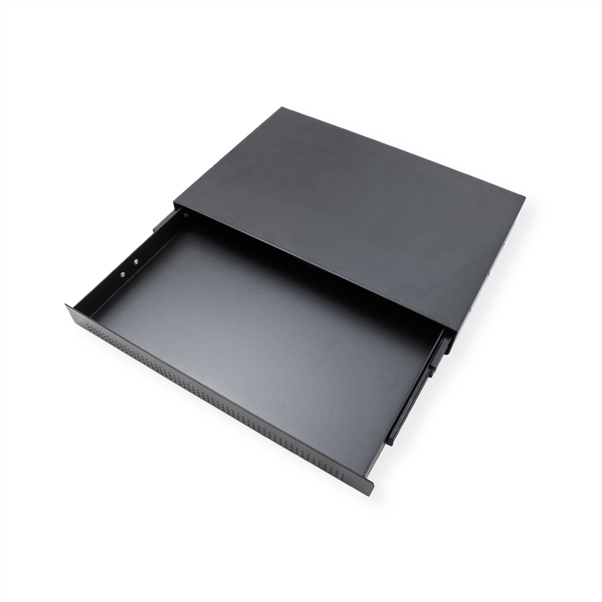 Een zwarte metalen lade, gedeeltelijk uitgetrokken, op een wit oppervlak. Leeg en rechthoekig.