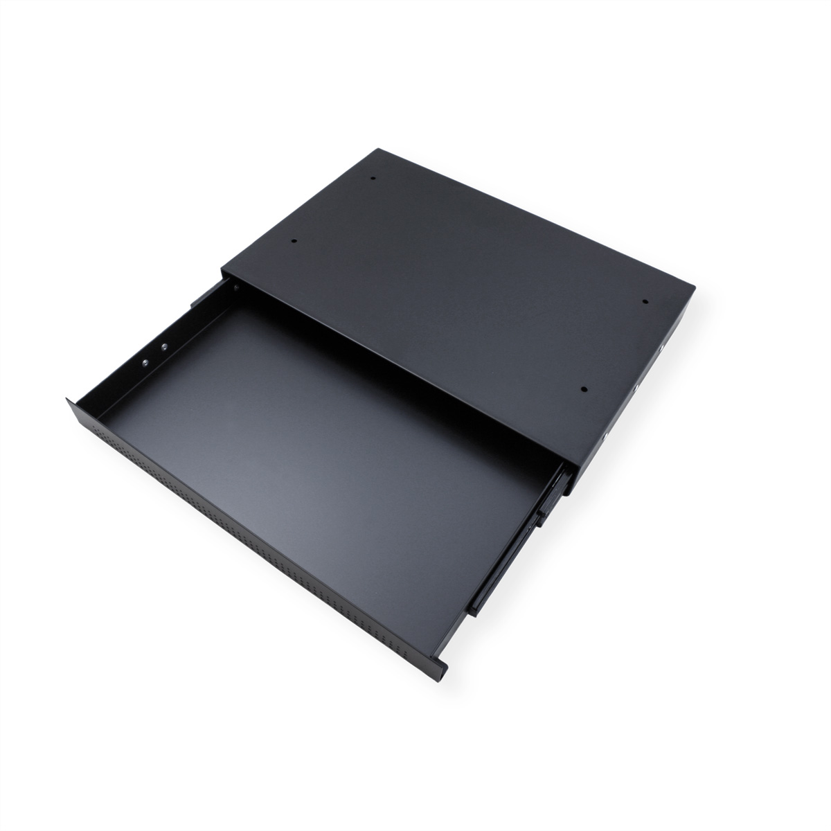 Schwarze, in ein Rack einbaubare Schublade, geöffnet, Innenraum zeigend, weißer Hintergrund.
