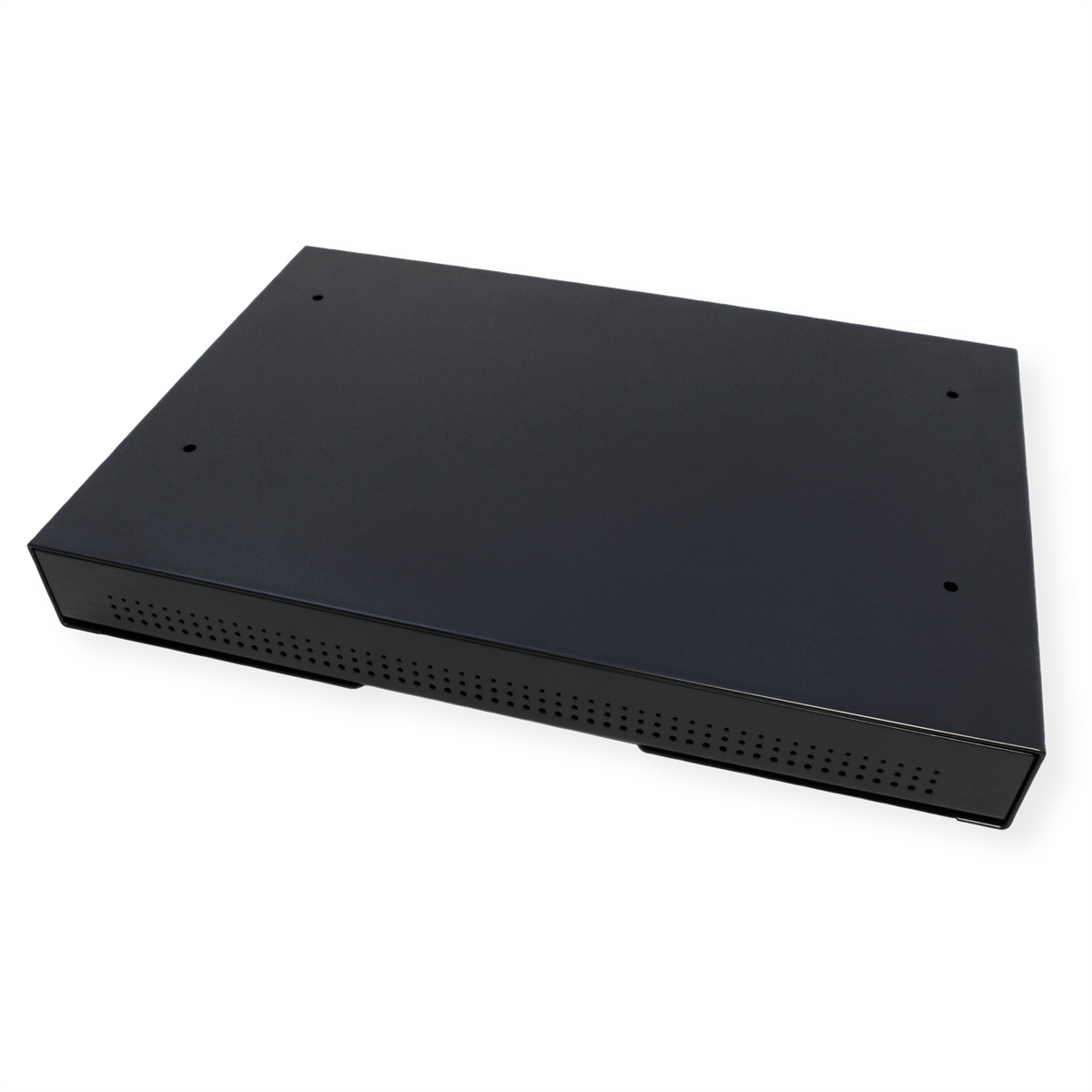 Eine schwarze rechteckige Box mit Luftschlitzen.