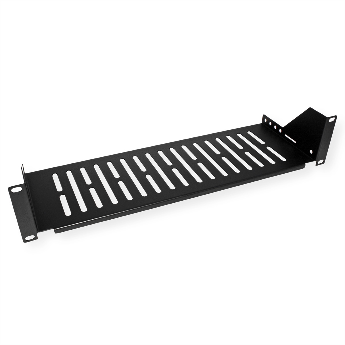 Mensola per rack in metallo nero con lati angolati, design a fessura e fori di montaggio, bianco.