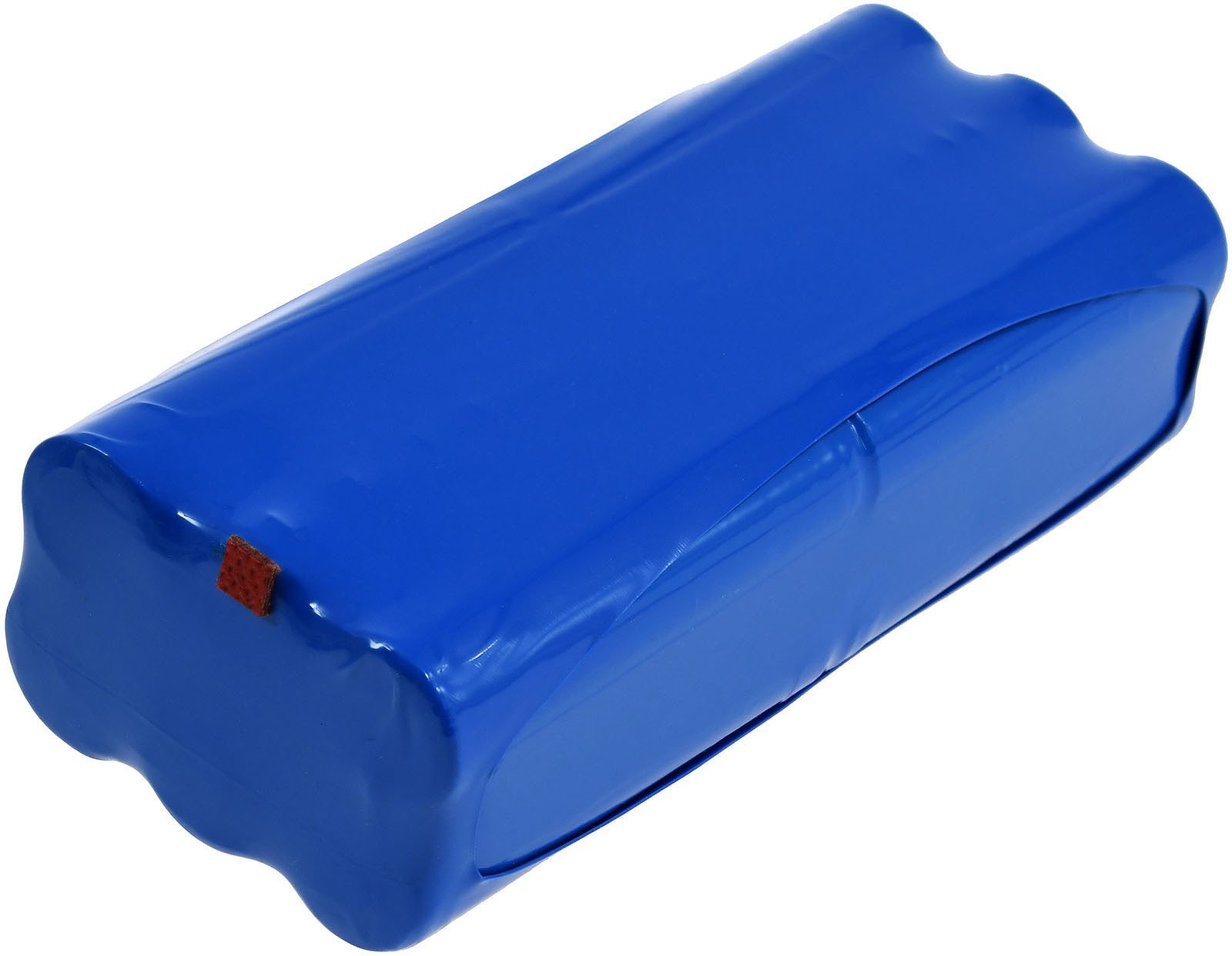 Blaues Akku-Pack, in blaue Folie gewickelt. Der Akku ist rechteckig.