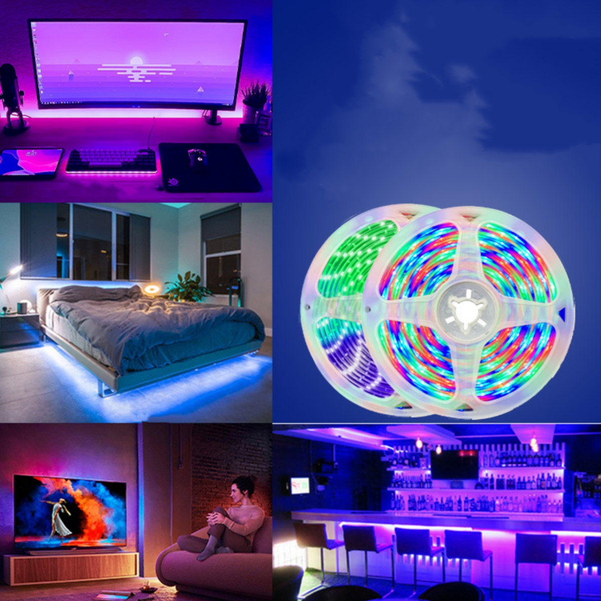Mehrere Bilder, die Szenen mit LED-Streifenlichtern zeigen. Verschiedene Räume und Setups.