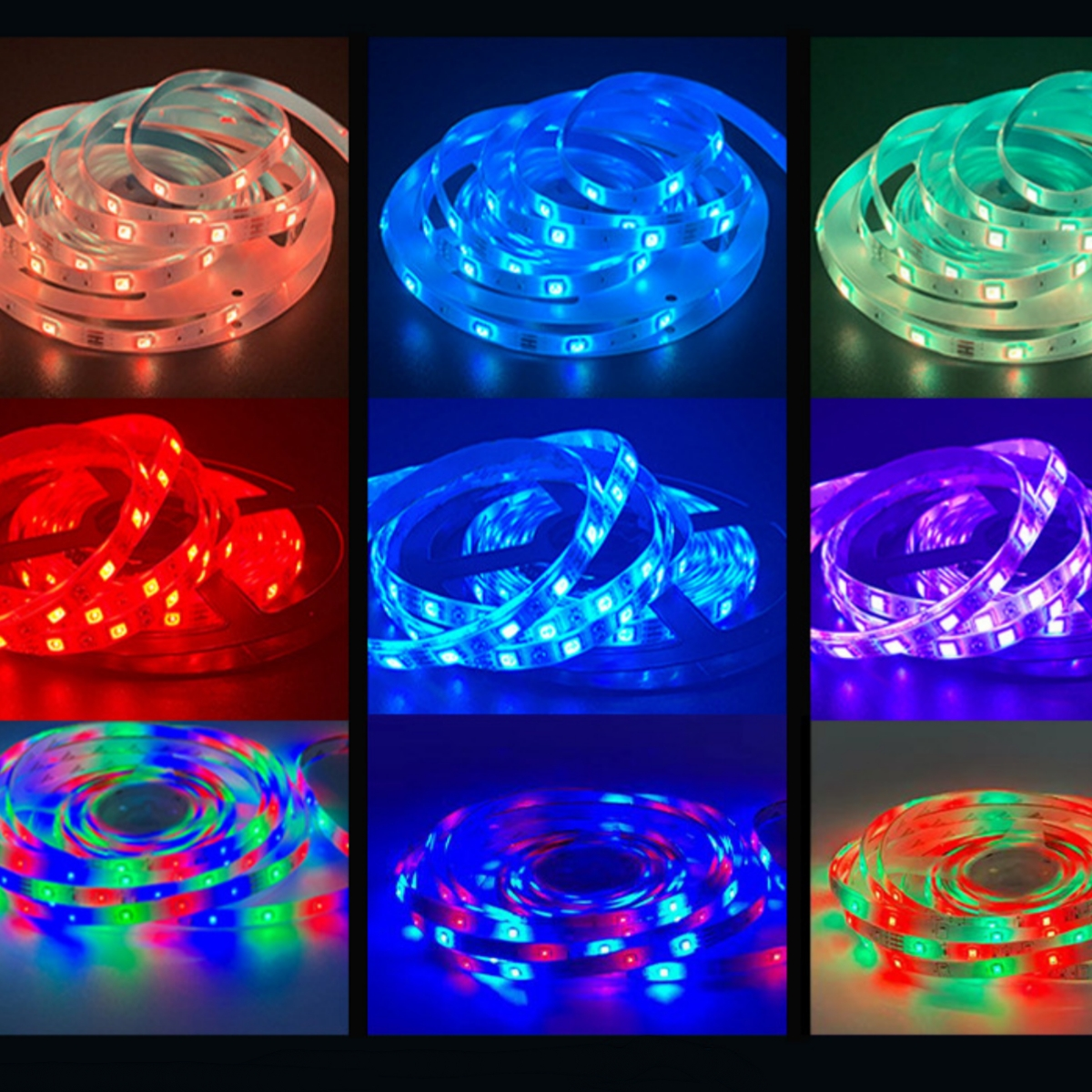 Neun LED-Streifen in verschiedenen Farben, darunter Rot, Blau und Grün, auf schwarzem Hintergrund.
