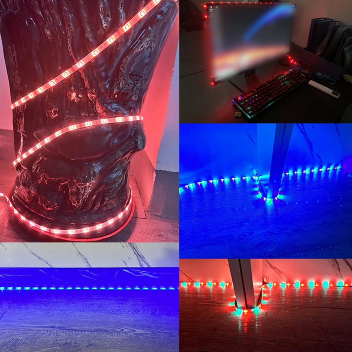 Mehrere Szenen mit roten LED-Streifen an einem Baum, Boden und Monitor.