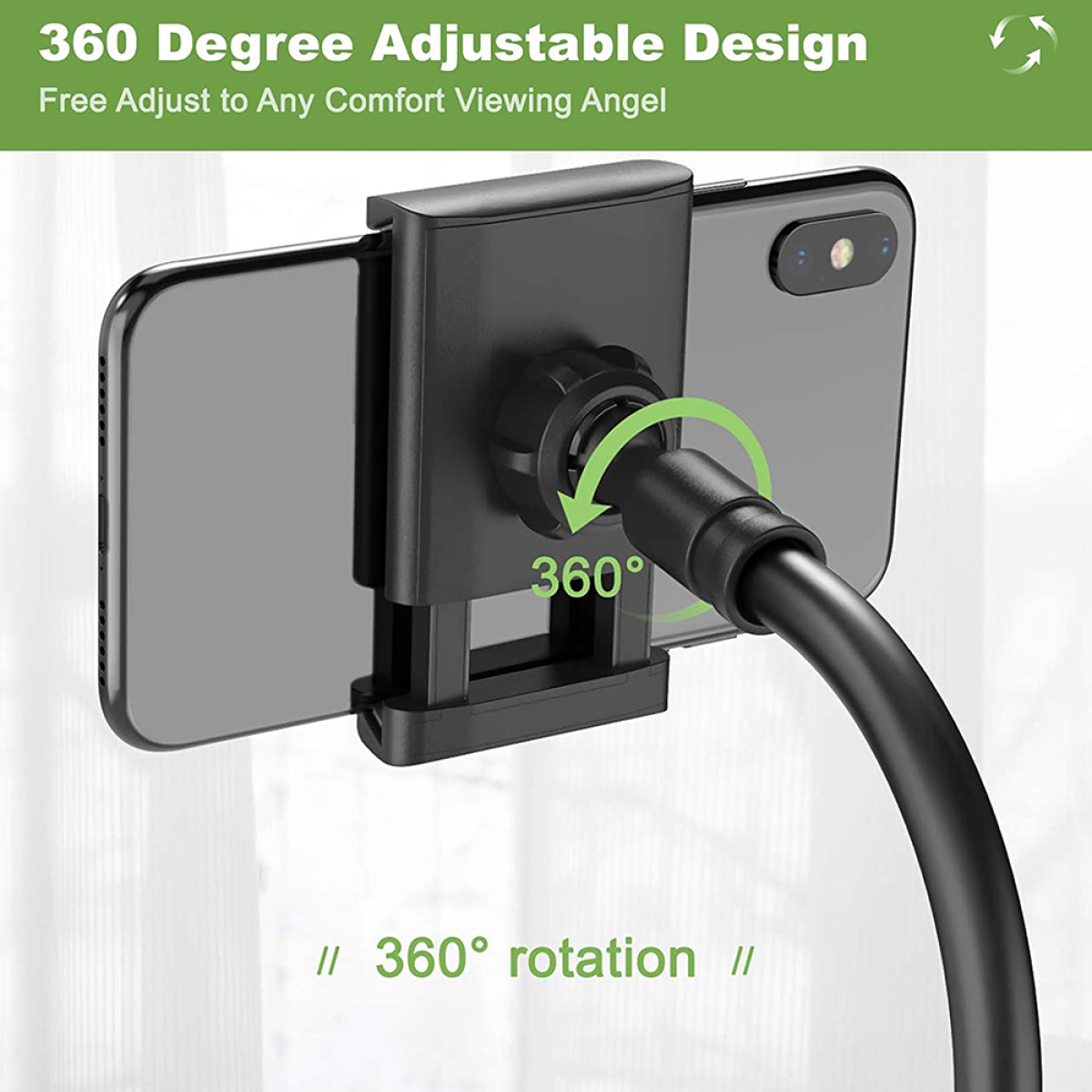Ein Telefon ist auf einem flexiblen Ständer mit 360-Grad-Drehdesign montiert. Das Telefon ist schwarz.