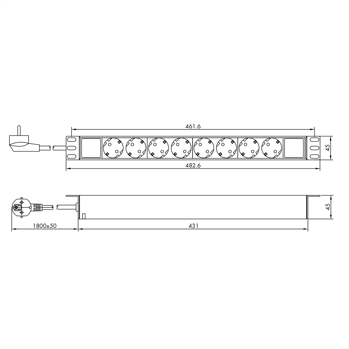 Rysunek techniczny listwy zasilającej z ośmioma gniazdami, wymiarami i wtyczką.