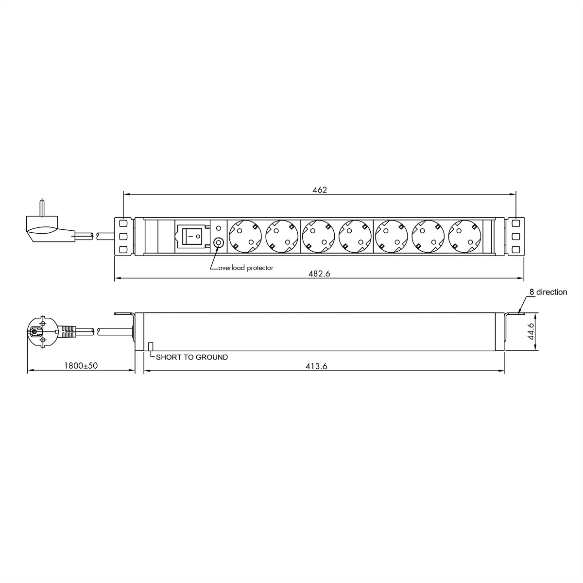 Diagramm einer Steckdosenleiste mit Steckdosen, Schalter und Abmessungen.