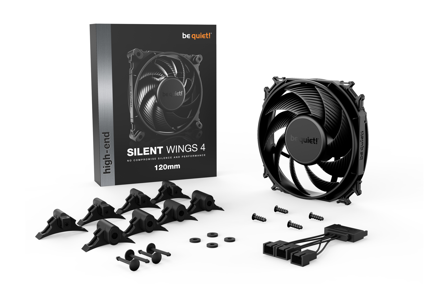 Ventola per PC, nera con pale e una scatola dello stesso marchio. Sfondo bianco.