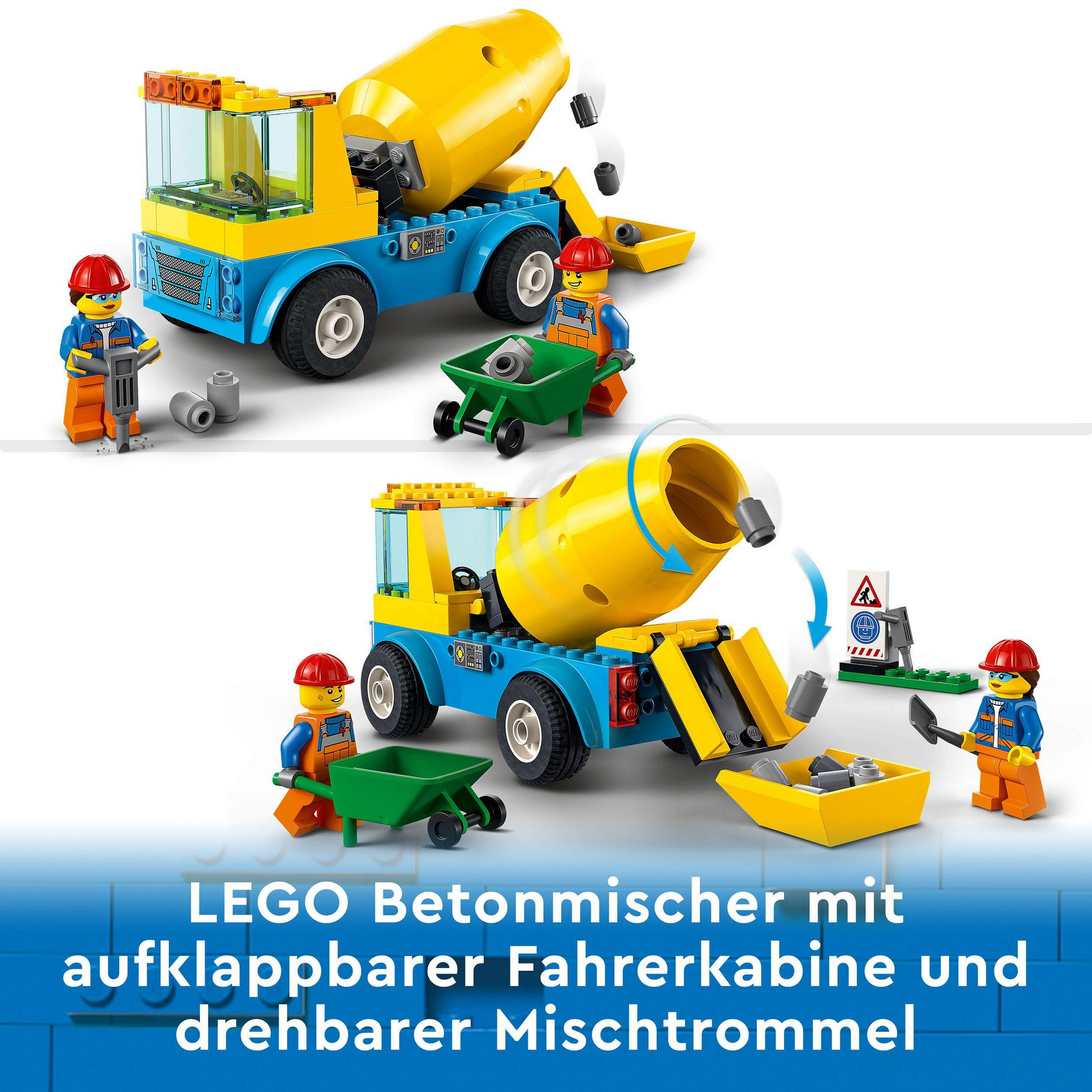 Camión mezclador de hormigón LEGO con trabajadores de la construcción. Mezcla y vertido de hormigón. Texto claro abajo.